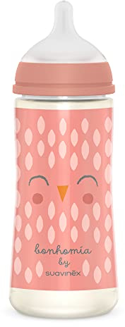 Suavinex, Biberon 360 ml. Biberon avec Tétine Symétrique SX Pro en Silicone à Débit Rapide (L). Avec Valve Anti-Colique. Pour Bébés +6 Mois. Bonhomia, Rose