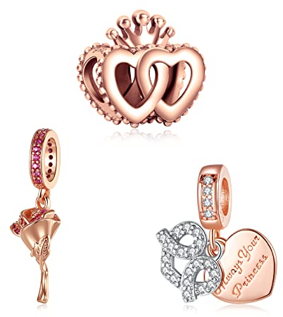 Doyafer Corona Amore Cuore Rosa Charms argento 925 Dangle Charms per le donne bracciali collana feste di compleanno regalo 3 pezzi/pacchetto