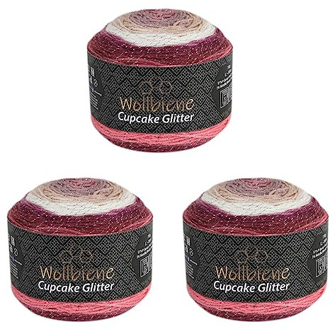 Cupcake Glitter Simli 3 x 150g Strickwolle 450 Gramm Wolle zum Stricken und Häkeln Babywolle türkische Wolle Farbverlaufswolle Glitzer (3080 beere beige braun)