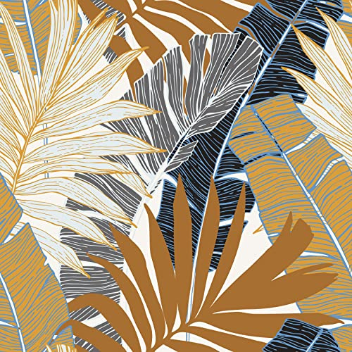 Wallercity Papel tapiz marrón tropical para despegar y pegar, hojas azules botánicas, papel tapiz para dormitorio, papel tapiz moderno de hoja de palma, papel tapiz de 17.5 x 315 pulgadas, papel de