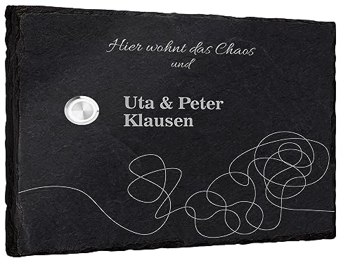 Klingelschild aus Schiefer mit Gravur Tangled Lines - personalisierbar - 20x15cm - mit Klingeltaster - optional mit LED in verschiedenen Farben - Türklingel Haustür Namensschild
