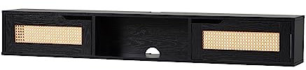 Walker Edison Modern Rattan Flip-Down-Door Wall-Mounted Floating Stand for TVs up to 65 Inche, 58 Inch, Black