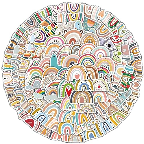 Qpout 100pcs Rainbow Stickers Water Bottles Laptop Guitar Colorful Rainbow Art Style Vinyl Stickern Aufkleber Wasserdichter Vinyl Aufkleber Boho Regenbogen Party Gefälligkeiten für Wasserflasche