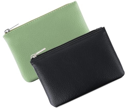 Giantree Kleine Geldbörse für Frauen, 2 Stück Niedliche Leder Lychee Muster Zipper Münztasche Tragbares Portemonnaie Mini Münzgeldbörse für Frauen Damen ID Schlüssel Headset (Schwarz+Grün)