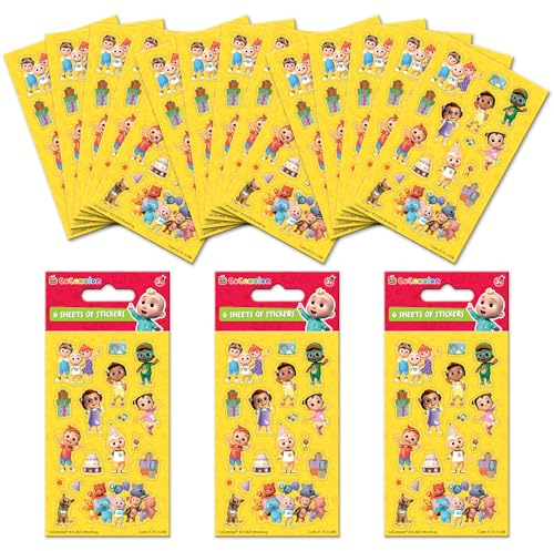 CoComelon Partytüten-Aufkleber-Bundle (18 Blatt) | Perfekt für Kinderpartys und Strumpffüller | Kann für Dekoration und Scrapbooking verwendet werden, Gelb