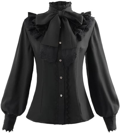 CR ROLECOS Women's Victorian Blouse Plus Size Gothic Shirt Vintage Steampunk Stand-Up Collar Long Sleeve Lotus Ruffle Tops Black 3XL
