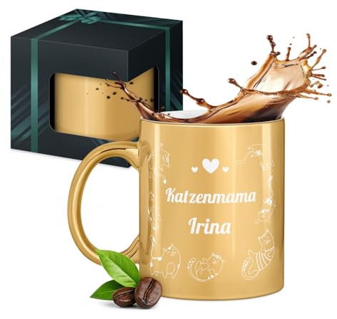 Maverton Keramikbecher 330ml mit Gravur - Kaffeetasse mit funktionellem Henkel - personalisierter Kaffeebecher für Frauen zum Geburtstag zu Weihnachten - gold glänzend/innen weiß - Katzenmama