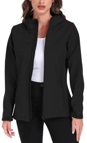 ATLASLAVA Softshelljacke Damen mit Kapuze Regenjacke Fleecejacke Wanderjacke Gefüttert Jacken Outdoor Wandern Schwarz L