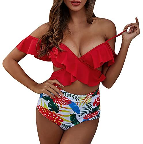 Generisch Bikini Women's Wrap Push Up Two Piece Swimsuit Tummy Control Bikini Sets V Neck Cross Flounce Sleeves Bikini Top with Tummy Control Ruffles High Waist Swimwear, A red, XL