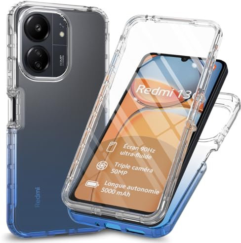 RonRun Coque pour Xiaomi Redmi 13C/Poco C65 avec Protection écran, 360° Full Body Protection Case Transparente Etui Antichoc Silicone Bumper Coque pour Xiaomi Redmi 13C/Poco C65 - Bleu