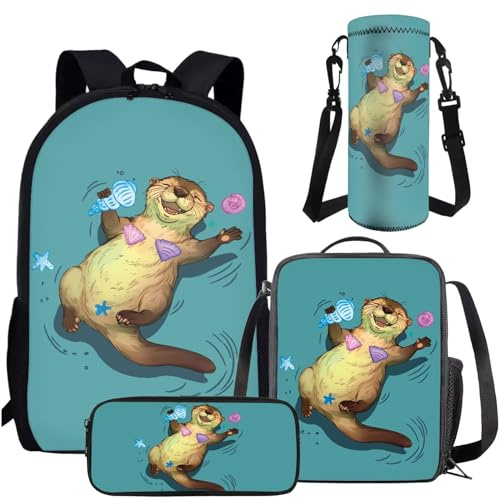 Amzbeauty 4-in-1-Rucksack-Set für Jungen und Mädchen, Kinder-Rucksack und Lunchbox, Schulbedarf, Rucksack, 4-teiliges Set, otter