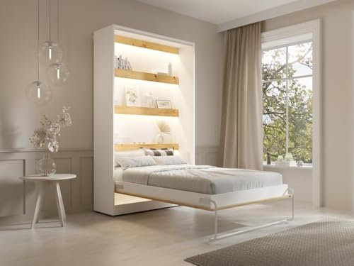 Vente-unique-Schrankbett - 120 x 200 cm - Manuelle vertikale Öffnung - Mit LED-Beleuchtung - Weiß & Holzfarben - RAPILI