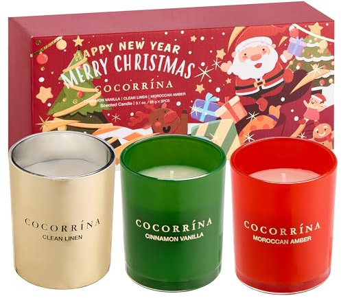 Cocorrína Duftkerzen Geschenkset - 3 x 88g Kerze im Glas SojaWachs Kerze für Muttertag, Weihnachten, Geburtstag, Aromatherapie, Bad, Yoga (Cinnamon Vanilla, Clean Linen, Moroccan Amber)
