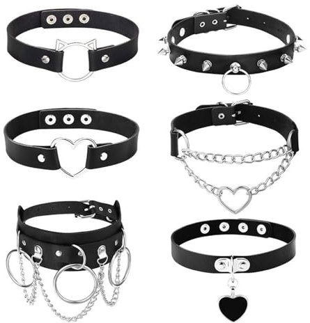 YADOCA 6 Stücke Gothic Choker Halsband für Damen Frauen PU Leder Halskette Set Punk Kette Schwarz Halsband Choker Spikes Rock Lederband Choker Kragen Nieten Choker Verstellbarer