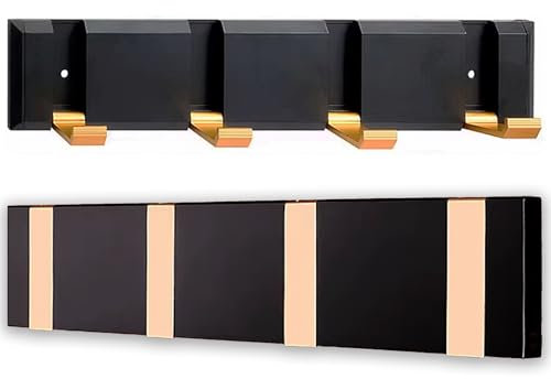 EVESONA Porte-Manteau Mural avec 4 Crochets Rétractables en Métal Doré - Design Moderne et Épuré, Installation Facile, Solution de Rangement Idéale pour Manteaux, Chapeaux et Sacs - Noir et Or