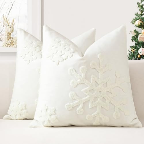 JOTOM 2er Set Weihnachten Kissenbezüge, Dekorative Winter Schneeflocke Wurfkissenbezug Moderne Kissenhüllen Sofakissen Dekokissen Zierkissenbezug für Wohnzimmer Schlafzimmer Deko (50x50cm, Creme Weiß)