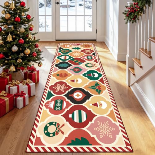 Weihnachts Teppich Läufer Flur Rutschfest 60 x 180 cm, Weihnachtsteppich Läufer, Waschbar Kurzflor Küchenläufer, Flurläufer Teppichläufer für Innenbereich Badezimmer Küche Schlafzimmer Wohnzimmer
