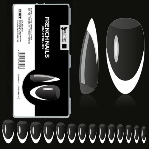 Beautilux Faux Ongles Clair French Medium Amande Press on Ongles 280 Pièces 14 Tailles, Soak Off Faux Ongles Pose Americaine Pour Manucures à Domicile