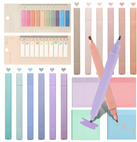 OEEYYT 12 Stück Textmarker Pastell Highlighter Pen Dual Tip Writable, mit 400 Blatt Index Tabs und 200 Blatt Transparente Haftnotizen, for Bibel Marker Book Annotating Tabs School Supplies Bürobedarf