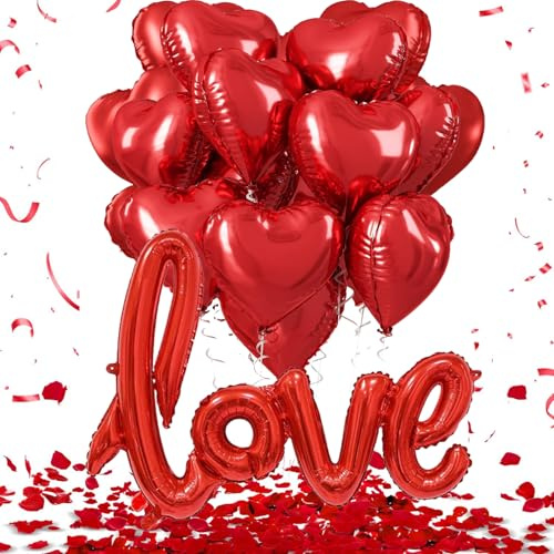 Valentinstags-Luftballon-Dekorationen mit roten Herz-Folienballons und Liebesfolienballon, künstliche Rosenblätter für Jahrestag, Valentinstag, Hochzeit, Dekoration, romantische Dekorationen,
