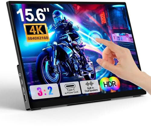 4K Portable Touch Monitor, 15.6 inch 3840 * 2160 UHD w/USB-C HDMI Laptop Monitor, 2000:1 100% RGB IPS ,Aluminum Alloy Shell,10-Point Touch,Dual Speaker, HDR, for Home, Work