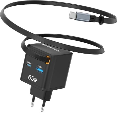 USB C Einziehbares Ladegerät 65W Netzteil 3 Ports PD Schnellladegerät mit einziehbarem Kabel (67cm) Typ C und USB-A Ports, tragbarer Ladeadapter mit MacBook Pro, iPhone 16 Pro/15 Pro