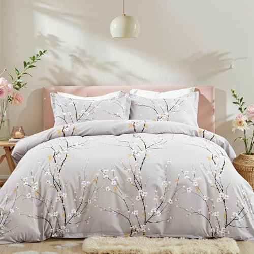 Freyamy Blumen Bettwäsche 135x200cm 2teilig Grau Hellgrau Florale Mädchen Bettwaren-Sets 100% Microfaser Weiche Bettbezug mit Reißverschluss und Kissenbezug 80x80cm