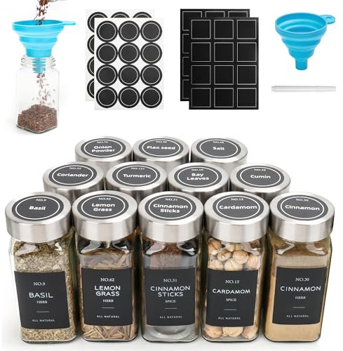 OHHLIHOME 12 Pcs Glass Spice Jars with Lids, 4oz spice jars with label, seasoning containers Set, Comes with spice bottle caps, Silicone Collapsible Funnel,chalk, for Spice Rack, Cabinet, Drawer