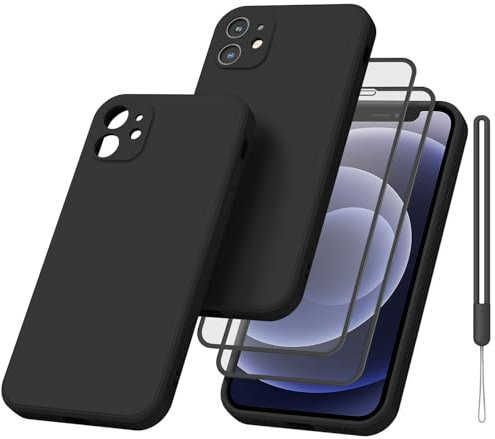 Meliya Coque pour iPhone 12 6.1” avec 2 Pieces Verres Trempés, Étui en Silicone avec Doublure en Microfibre Souple, Conception Spéciale de Bord Droit (Noir)