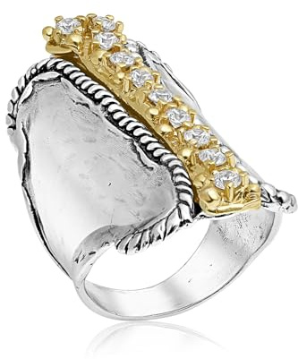 JEAN RACHEL JEWELRY Zweifarbiger Ring aus gemischtem Metall für Frauen – CZ Seil Bead Shield Ring – 925 Sterling Silber & 14 Karat Gold über Silber – Hypoallergener breiter Band-Statement-Ring, 9