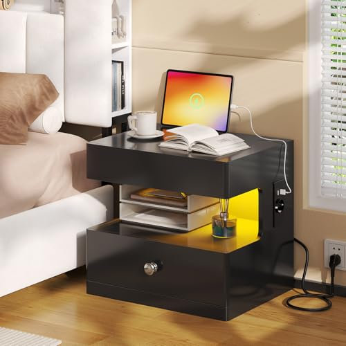 AOGLLATI Nachttisch mit Steckdose Nachtschrank mit LED-Beleuchtung Nachtkommode mit 2 Schubladen und Verstecktem Schiebeschrank,Beistelltisch für Schlafzimmer Wohnzimmer (1, Schwarz, 45x35x44.5cm)