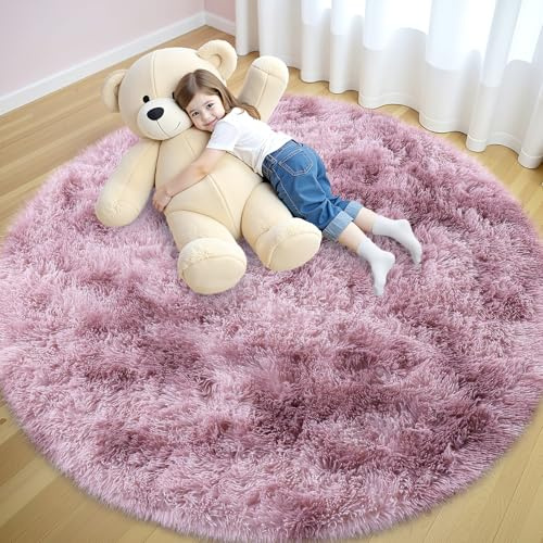 smiry Hochflor Teppich Wohnzimmer, 200cm Rund, Rosa | Waschbar Anti-Rutsch Moderner Flauschiger Kuscheliger Teppich für Wohnzimmer, Schlafzimmer, Kinderzimmer