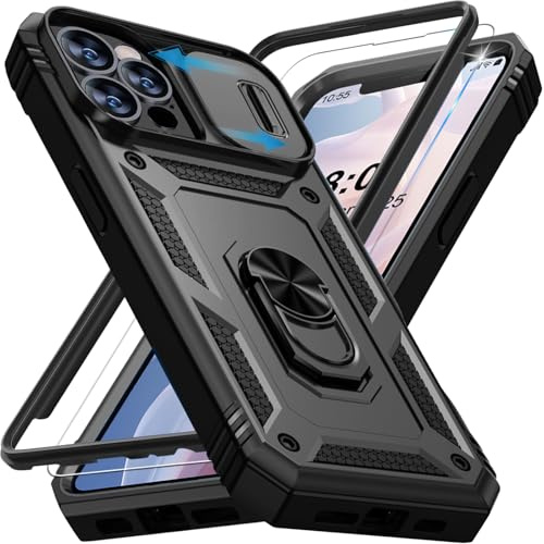 Giyer Handyhülle für iPhone 12 Pro Max Hülle mit Schutzfolie, Panzerhülle Case mit Kameraschutz 360° Metall Ring Ständer Stoßfest Bumper Schutzhülle für iPhone 12 Pro Max Cover Tache (Schwarz)