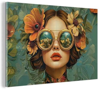 MuchoWow© Wandbilder Glas Schlafzimmer Home Deko Wohnung Bild Wohnzimmer | 120x80 cm - Wand Glasbilder Leinwand Wall Decor Frau - Blumen - Schmetterlinge - Natur - Vintage