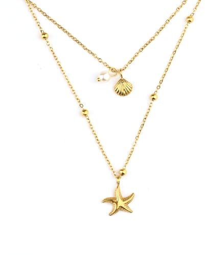 QKEOISUD 2PCS Gold Shell Necklace for Women,Summer Outfits Seashell Starfish Stackable Pendant Necklace,Adjustable Layered Sea Shell Charm Necklaces Beach Vacation Essentials Holiday Jewelry