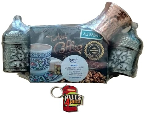 NUTZ4NUTS Keyring with ALI Baba Turkish Coffee Set (100g Turkish Coffee + 2 Coffee Cups + 2 Zamak Sleeves + 1 Copper Pot) (Brown Colour)