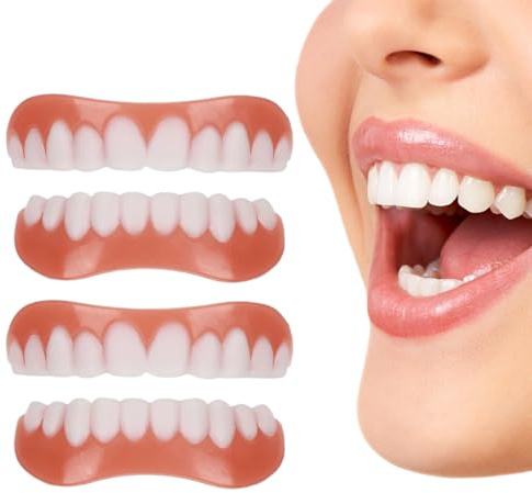 DOKRIN Zahnersatz-Reparatursets 2 Paar selbsthaftende Zahnprothesen, universelle provisorische Veneers für Ober- und Unterkiefer, für unvollkommene Zähne, mit Zahnungsgel