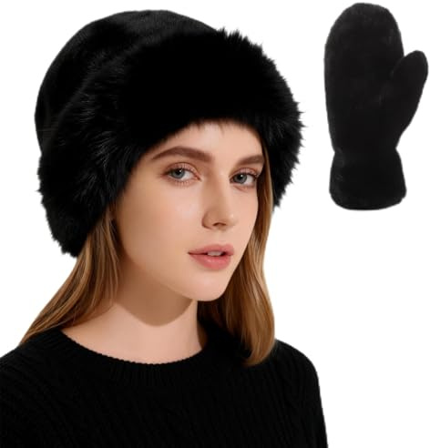BTHRORO Winter Fischerhüte mit Winterhandschuhe Damen, Flauschiger Fellmütze Fischerhut Fleece Futter Warm Flauschige Eimer Hut Fäustlinge Gestrickt Geschenkset für Frauen Running Radfahren Skifahren