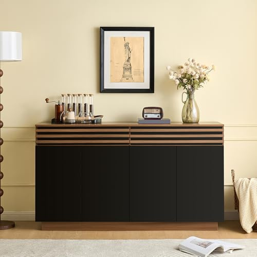 Sideboard Kommode 150 x 40 x 85 cm in brauner Holzoptik mit schwarzen Türen, Komodenschrank Highboard mit 2 Schubladen & 4 Türen – Viel Stauraum, Stilvolles Design für Wohnzimmer, Esszimmer & Küche