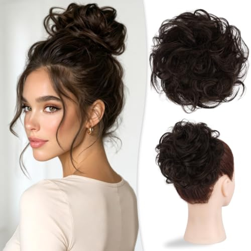 RUWISS Haarteile Echthaar Dutt Große, Messy Bun Echthaar Haarteil Scrunchie Locken Dutt Extension mit Gummiband für Damen 32g Dunkelbraun mit 15% dunklem Kakaoblond