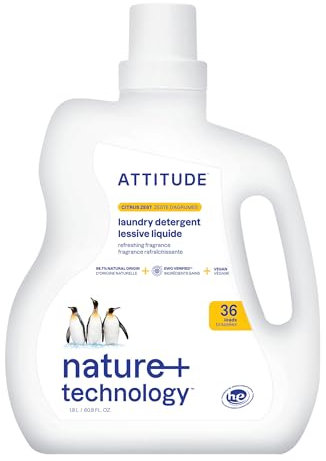 ATTITUDE Liquid Laundry Detergent, EWG Verified, HE Compatible, Plant-Based & Vegan, Natural Laundry Soap, Citrus Zest Scent, 36 Loads, 1.8 Liters
