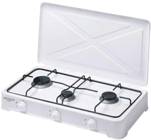 Bastilipo - Cocina de gas butano de 3 fuegos portátil, con quemadores desmontables, esmaltada, con tapadera