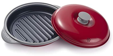 MACONEE Sartén para microondas | Parrilla de microondas, plancha y sartén con tapa para asar, dorar y crujir alimentos, utensilios de cocina de microondas para asar carne, sándwich y verduras dentro