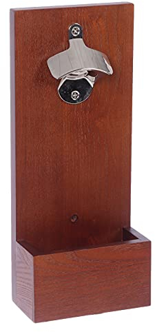 Satauko Holz Flaschenöffner zur Wandmontage, Flaschenöffner Bier mit Kronkorken Auffangbehälter, Wand Flaschenöffner für Küche, Bar, Geschenk. (Braun)