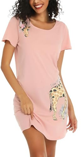 ENJOYNIGHT Chemise de Nuit Femme Manches Courtes Vêtements de Nuit Coton Imprimé Robe de Nuit (Small,Girafe Rose)