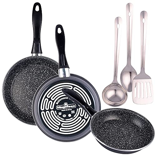 Magefesa K2 GRANSASSO set de 3 sartenes redondas de Ø18/20 y 24, en acero esmaltado vitrificado, en gris, inducción y lavavajillas, y Juego de 3 Utensilios de cocina en nylon