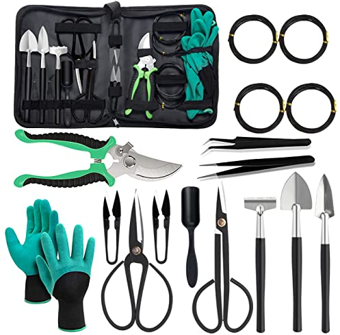 MONODEAL Set di Attrezzi da Giardino Kit Bonsai, 18 Pezzi Kit da Giardino Bonsai con Borsa, Kit Giardinaggio Forbici Bonsai, Set Principianti Giardinaggio Attrezzi Bonsai