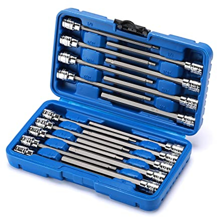 CASOMAN 18-Piece 3/8 Inch Drive Long Hex Bit Socket Set, 1/8 to 3/8 Inch, 3mm to 10mm, SAE & Metric, Extra Long Allen Hex Bit Socket Set, CR-V & S2 Steel