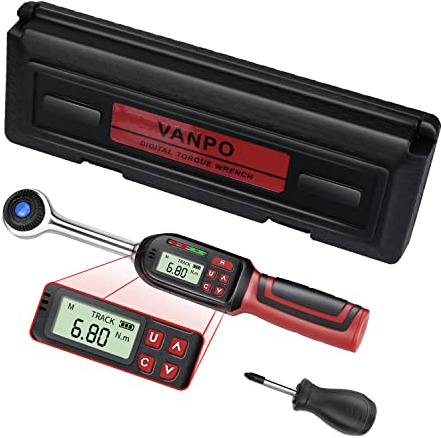 VANPO Digitaler Drehmomentschlüssel 1/2 Zoll Fahrrad & Motorrad, ± 2% Fehlergenauigkeit, 6.8-135 Nm Drehmomentschlüssel Set mit Summer und LED-Anzeige