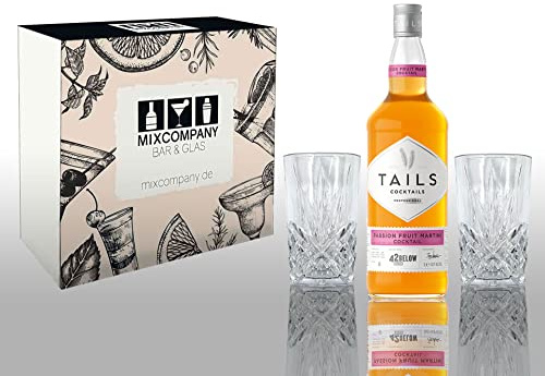 Tails Cocktails Geschenkset Passion Fruit Martini 1L (14,9% Vol) mit 2 Longdrink Cocktail Gläsern in Kristalloptik Fertig Cocktail Ready to Drink- [Enthält Sulfite]
